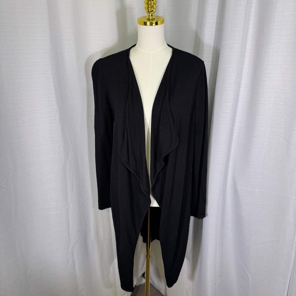 St. John Collection Black Wool Blend Draped Waterfall Open Front Cardigan Medium
